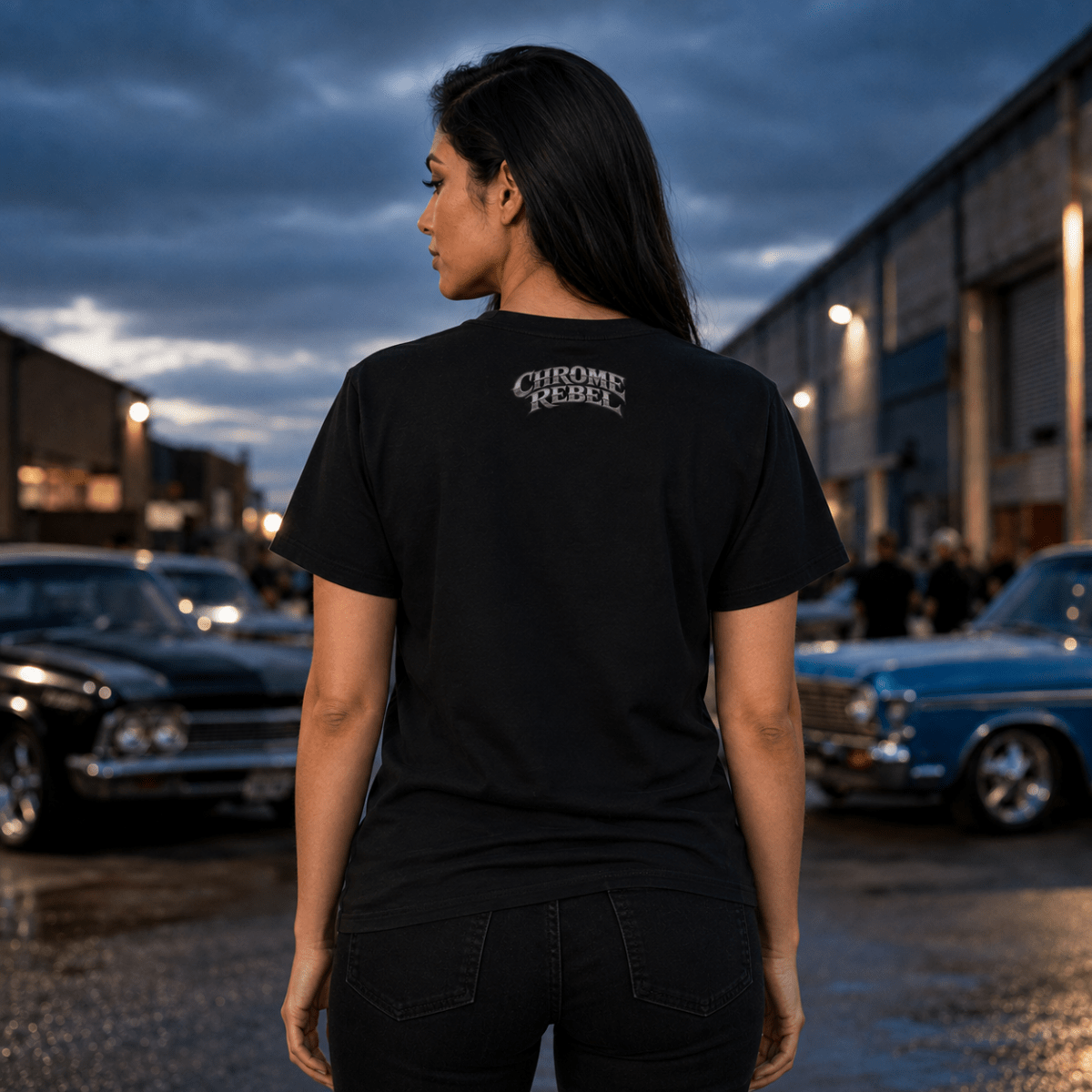 Chrome Rebel classic american car t-shirt in black, model back – car-ts-0129