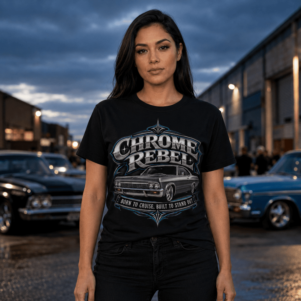 Chrome Rebel classic american car t-shirt in black, model front – car-ts-0129
