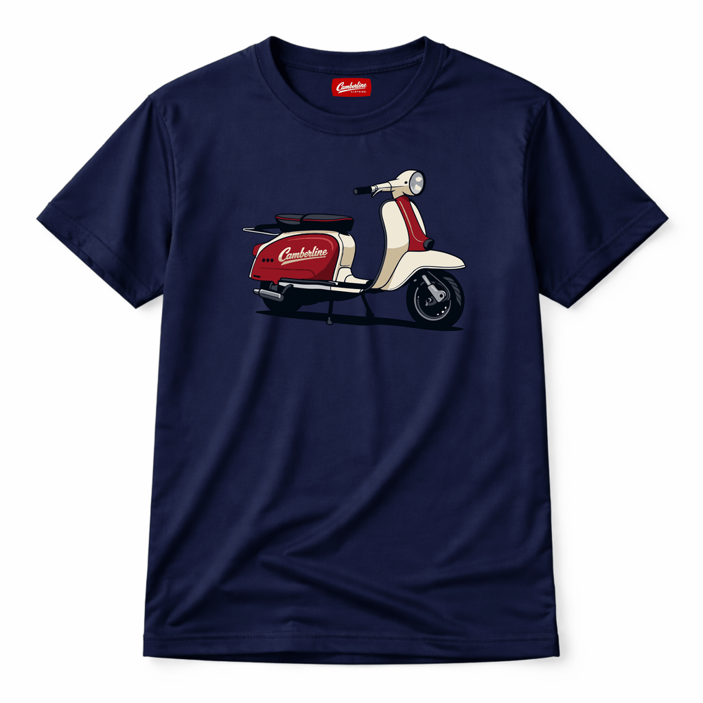 Navy blue t-shirt featuring a classic red and cream retro scooter graphic by Camberline Clothing.