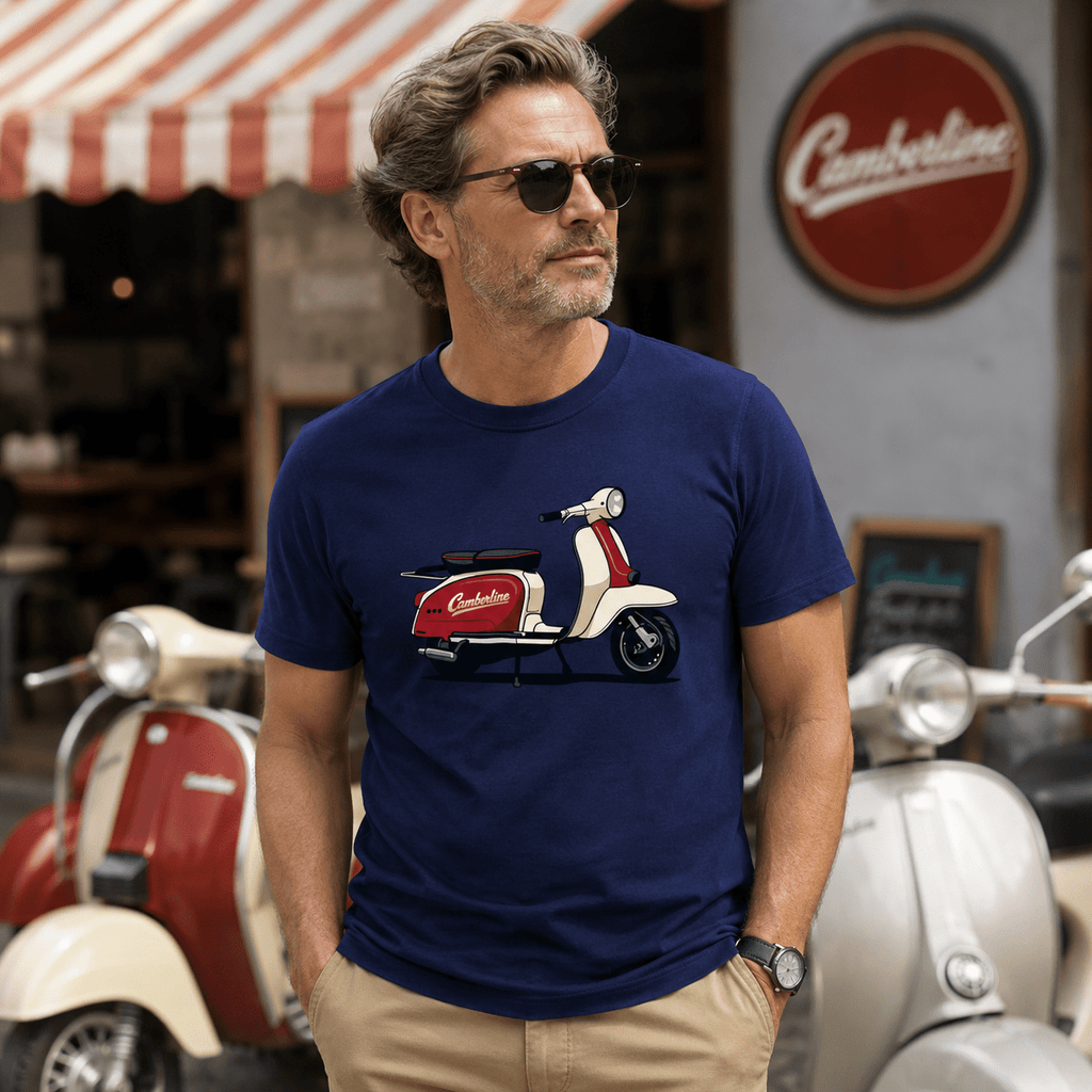 Man wearing a navy blue t-shirt with a Vespa scooter design, standing in front of vintage scooters.