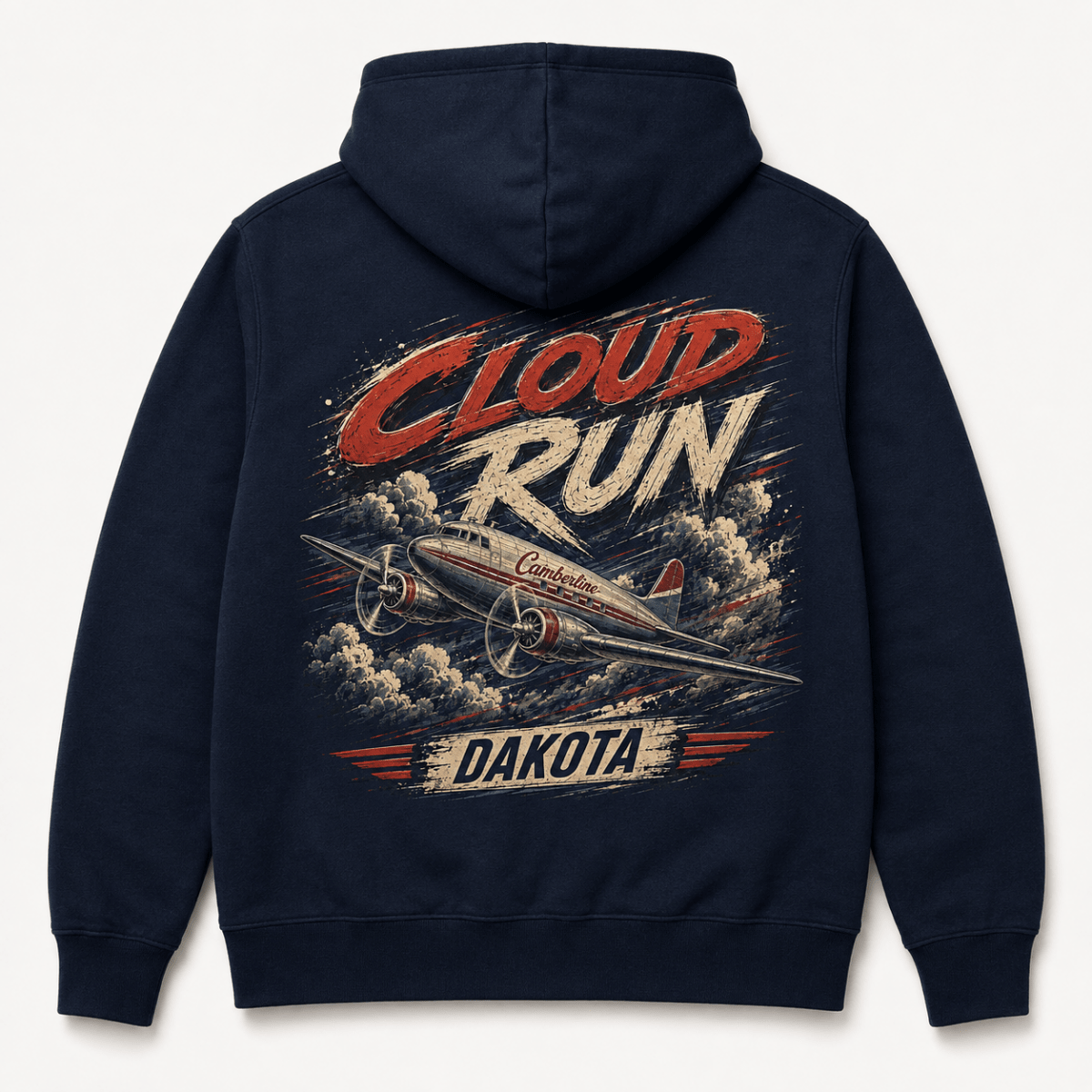 Back of navy Cloud Run Dakota hoodie with large DC-3 aircraft graphic