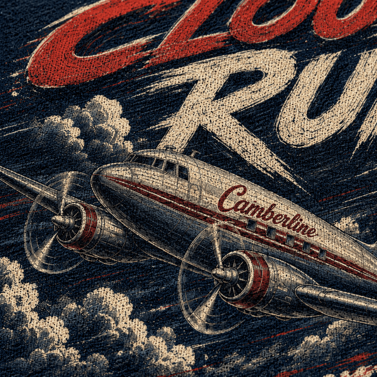 Close-up of premium halftone DTF Dakota aircraft print on navy hoodie fabric