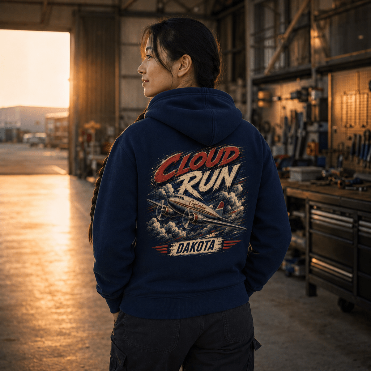 Woman wearing a navy Cloud Run Dakota aviation hoodie showing the back print