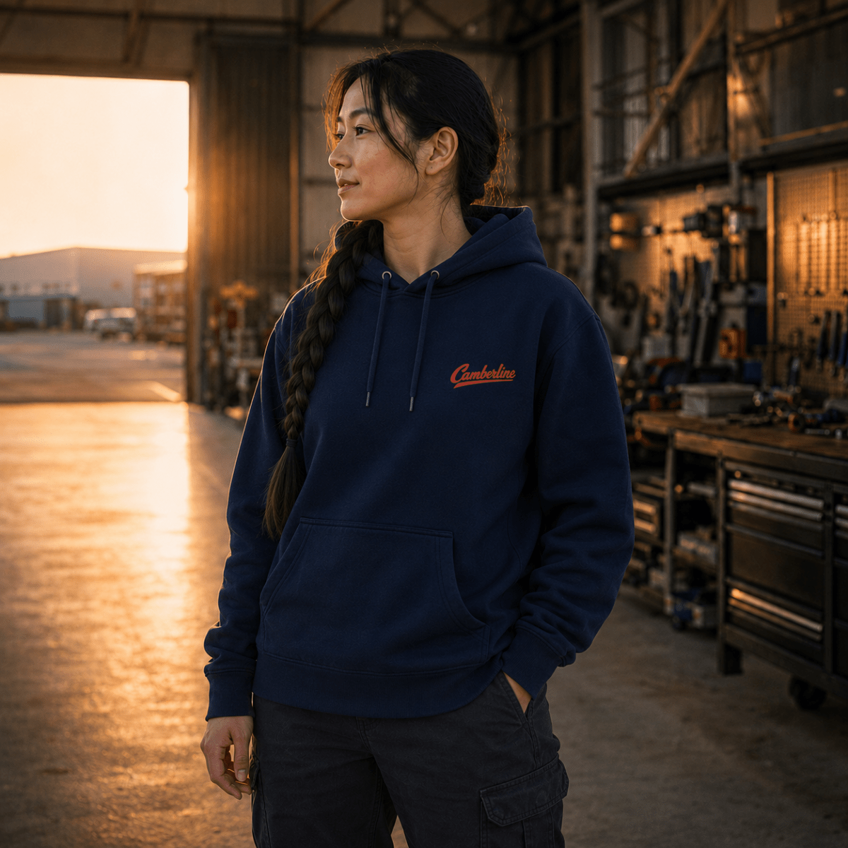 A woman wearing a navy blue hoodie with a red embroidered 'Carmen' logo on the chest, standing in a workshop during golden hour.