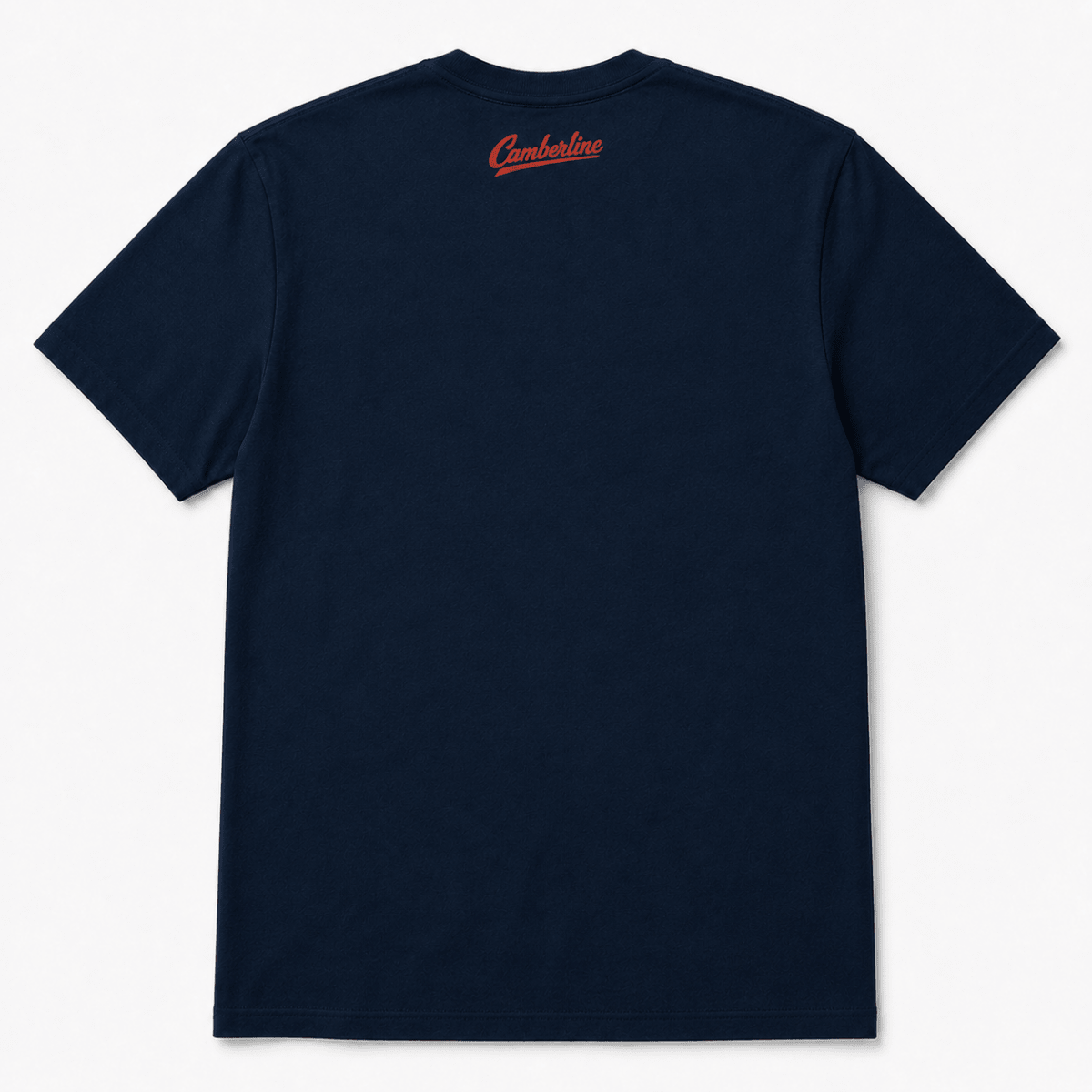 A navy blue short-sleeve t-shirt shown from the back, featuring a small red 'Camouflage' logo printed in script near the upper neckline, set against a clean off-white background.