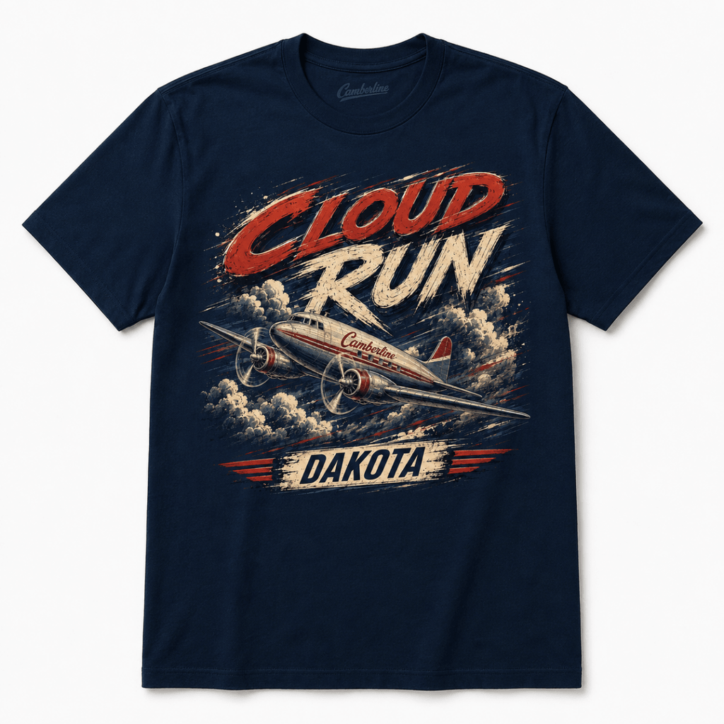 Front of navy Cloud Run Dakota DC-3 aircraft graphic T-shirt