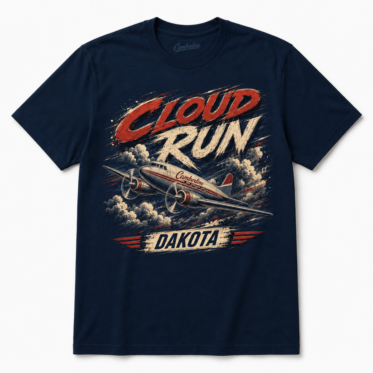 Front of navy Cloud Run Dakota DC-3 aircraft graphic T-shirt