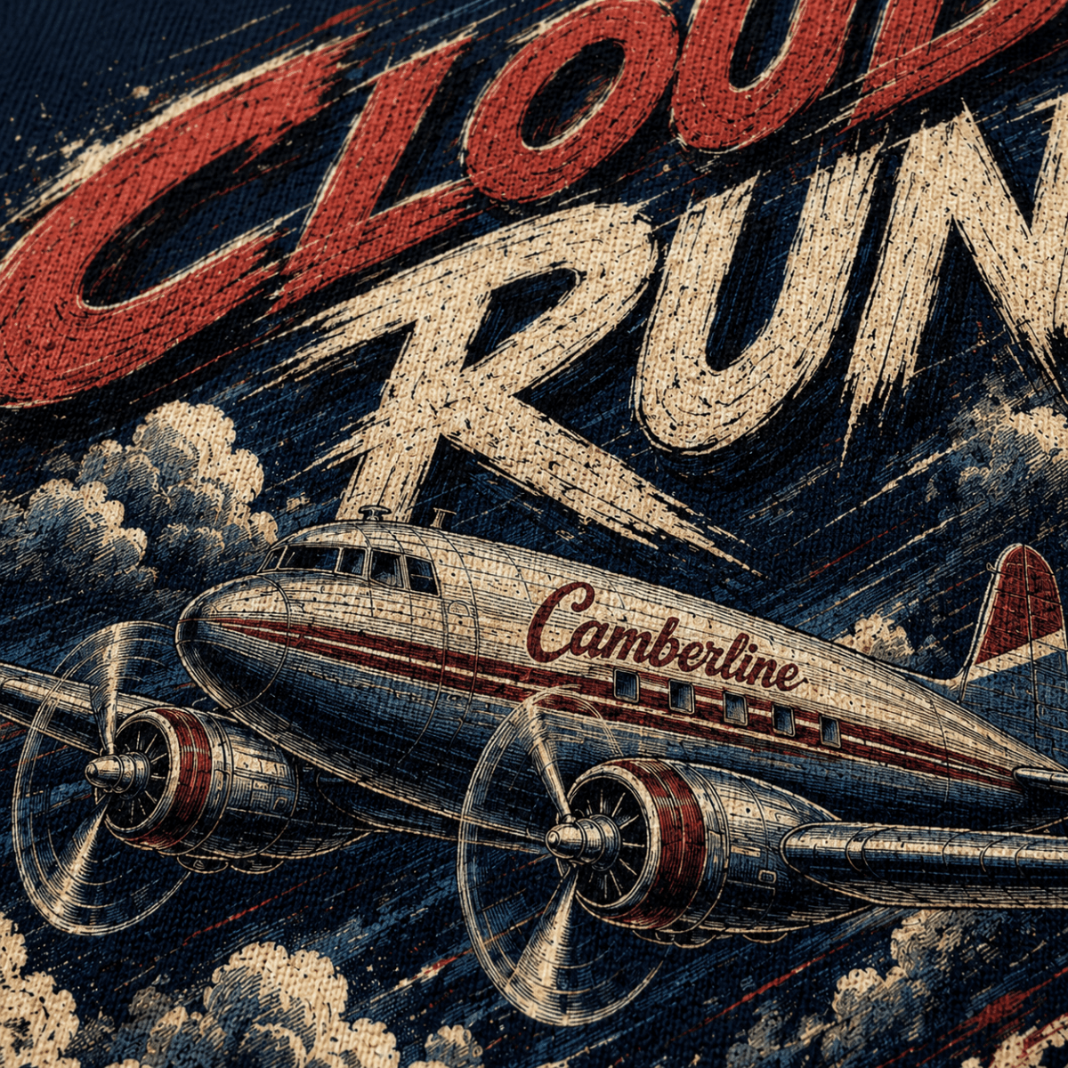 Close-up of premium halftone DTF Dakota aircraft print on navy fabric
