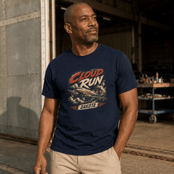 A man wearing a navy blue graphic t-shirt with a vintage-style 'Cloud Run Dakota' airplane print, standing in a warehouse setting.