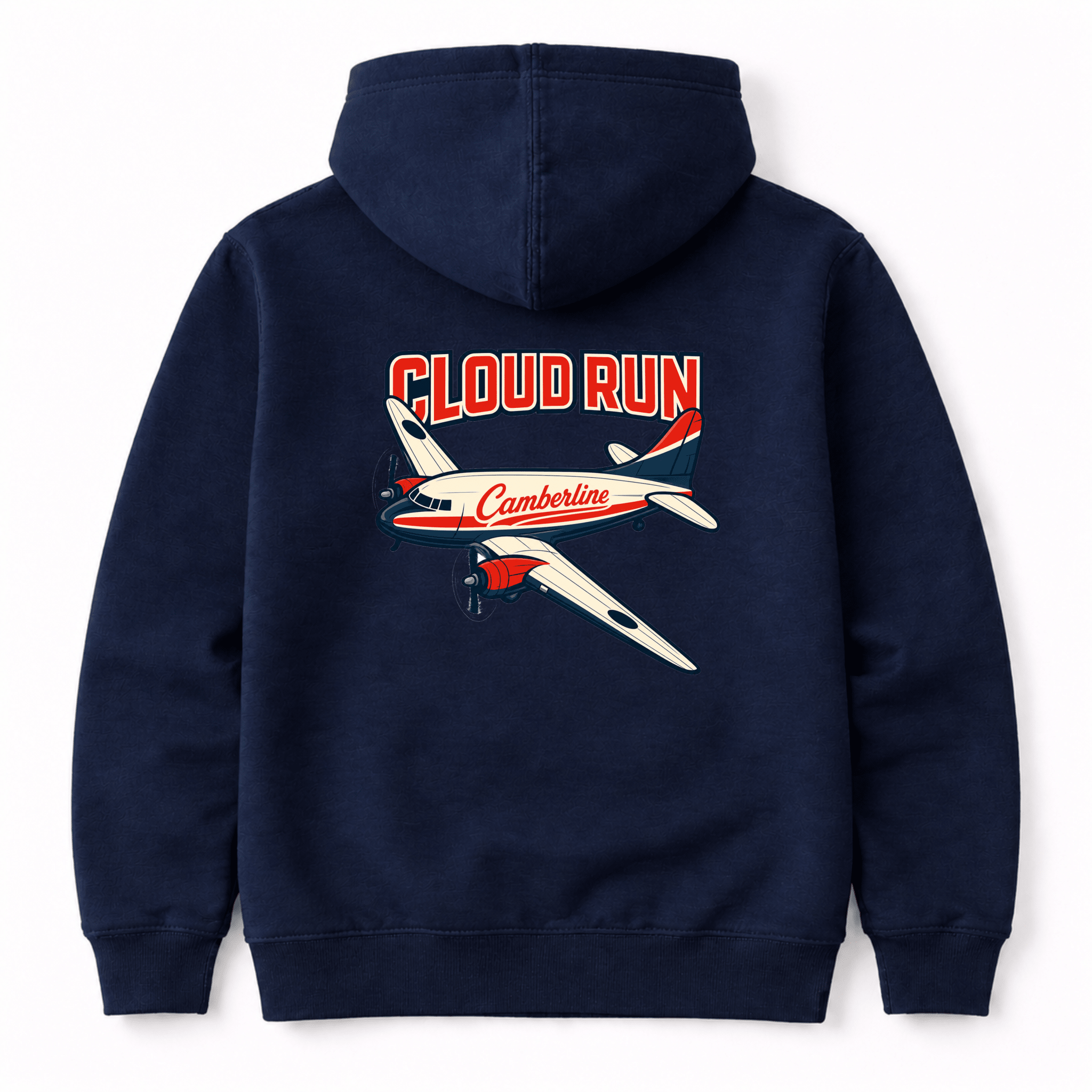 Navy blue hoodie with 'Cloud Run' and airplane graphic on the back against a white background