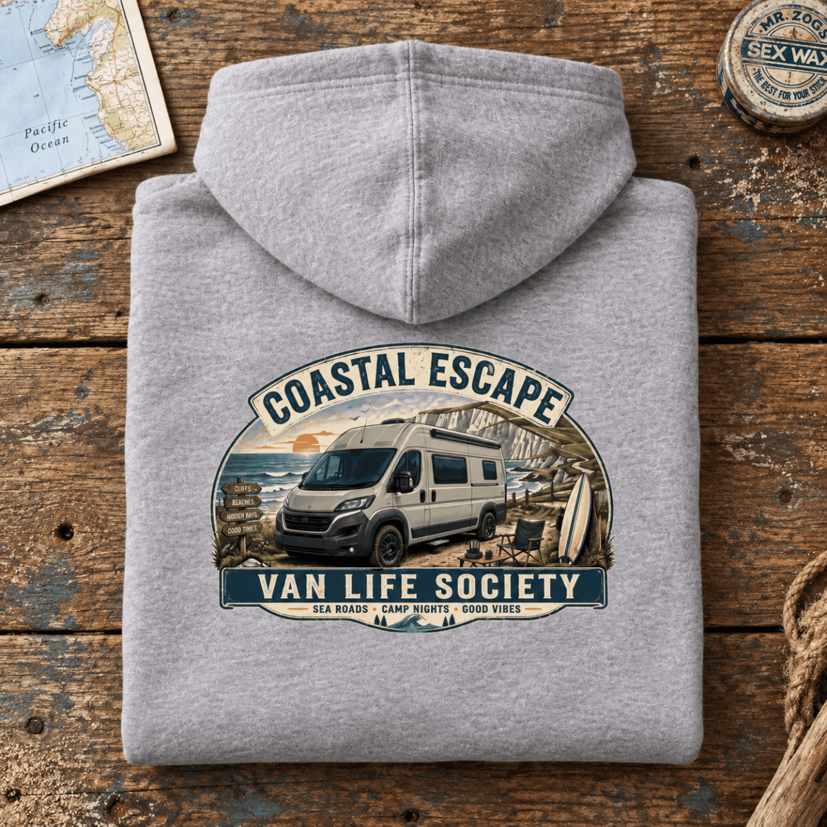Folded heather grey Coastal Escape British van life hoodie, rear graphic product hero