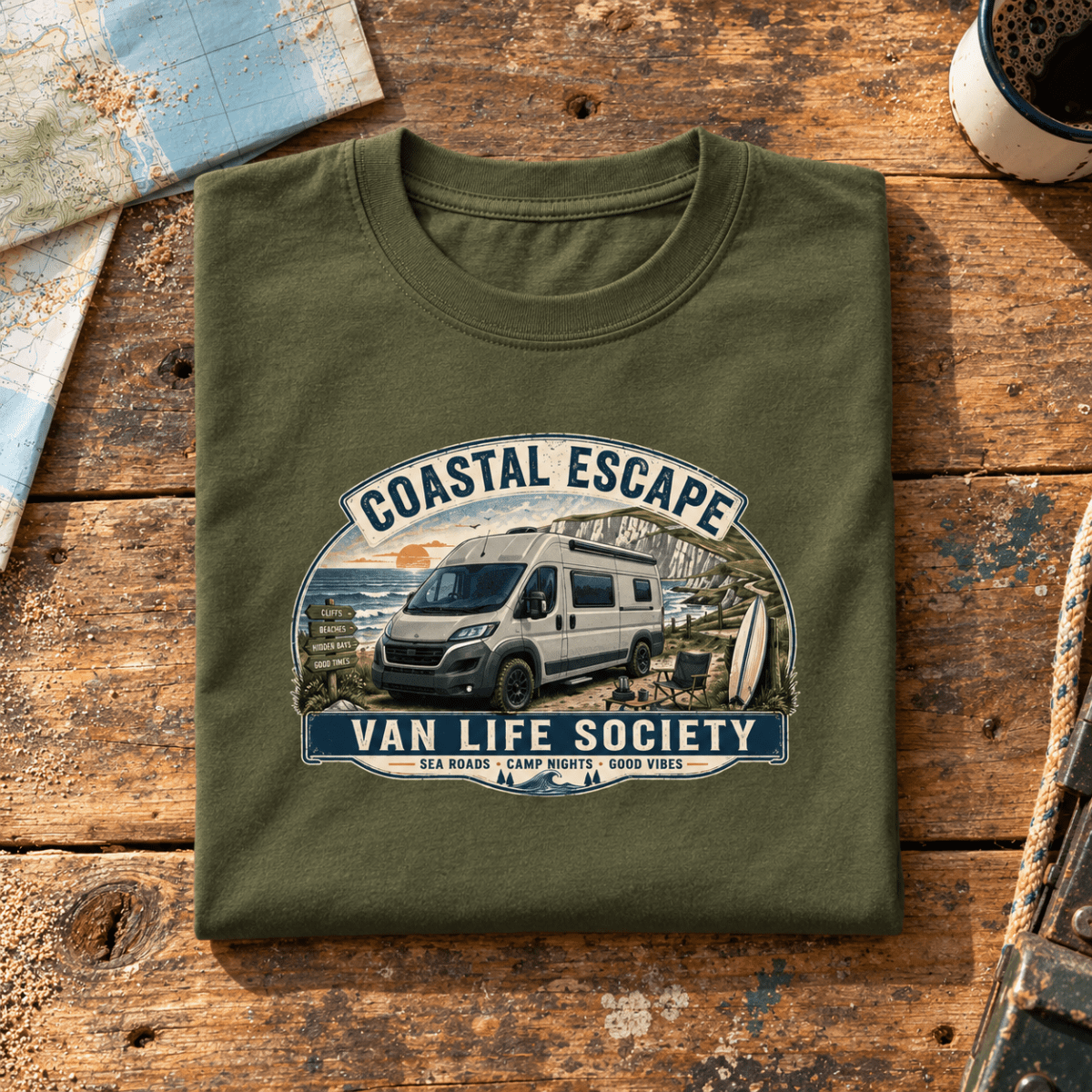 Coastal Escape Society olive Van Life T-shirt folded front hero