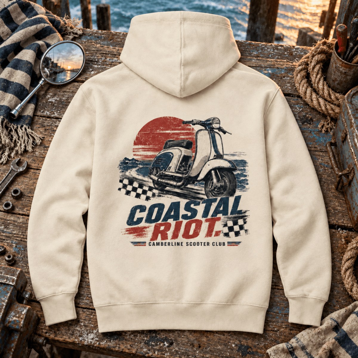 Coastal Riot vintage scooter cream hoodie back hero in a storm-lit harbour workshop