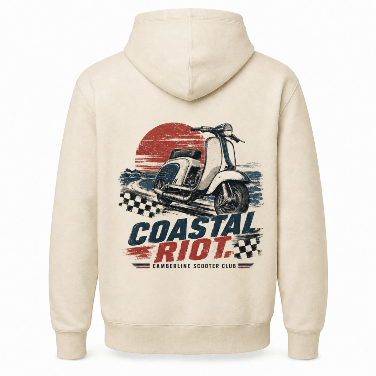 Back product view of the cream Coastal Riot scooter graphic hoodie