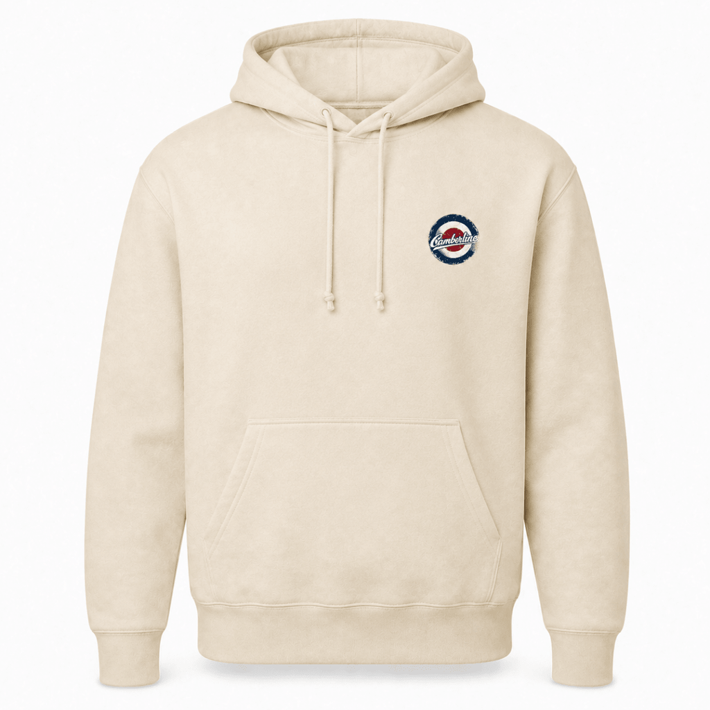 Front product view of the cream hoodie with small Camberline left-chest print