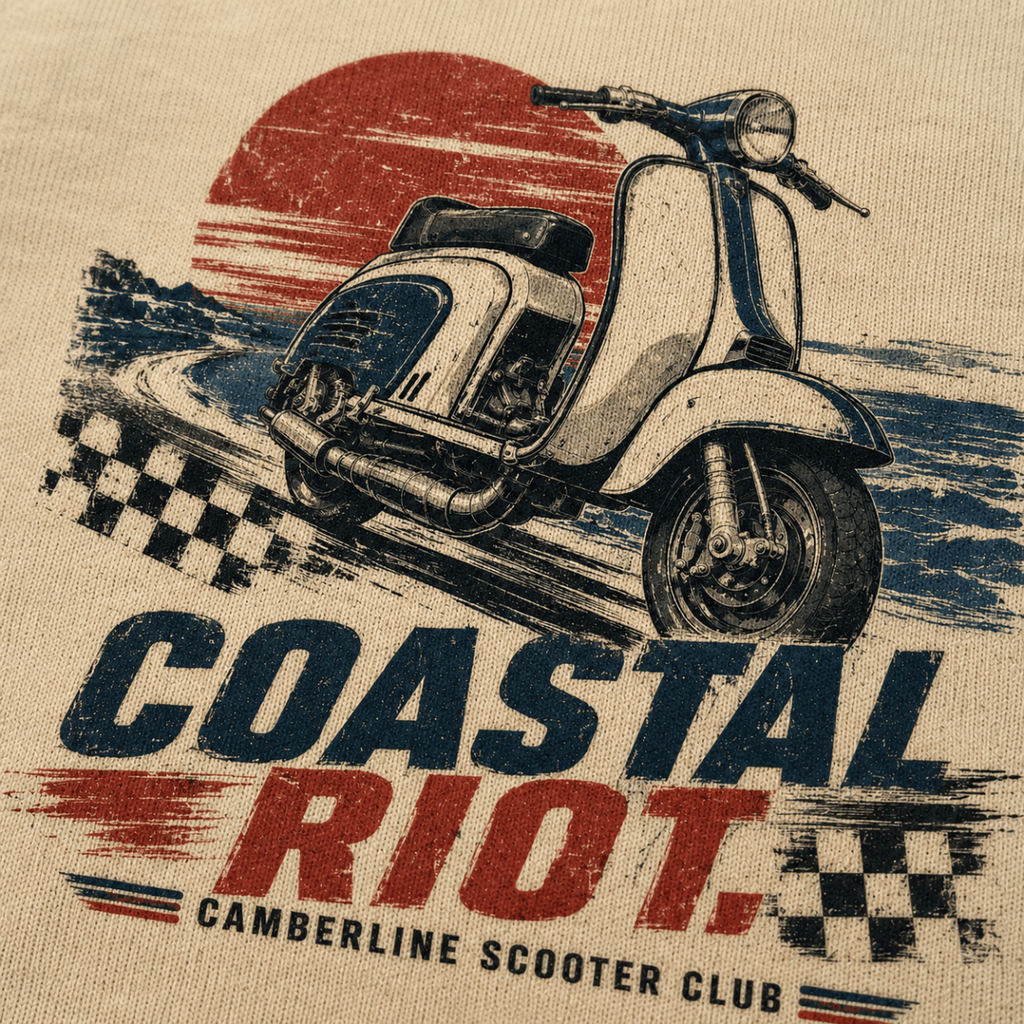 Close-up of the Coastal Riot vintage scooter premium halftone DTF print on cream hoodie fabric