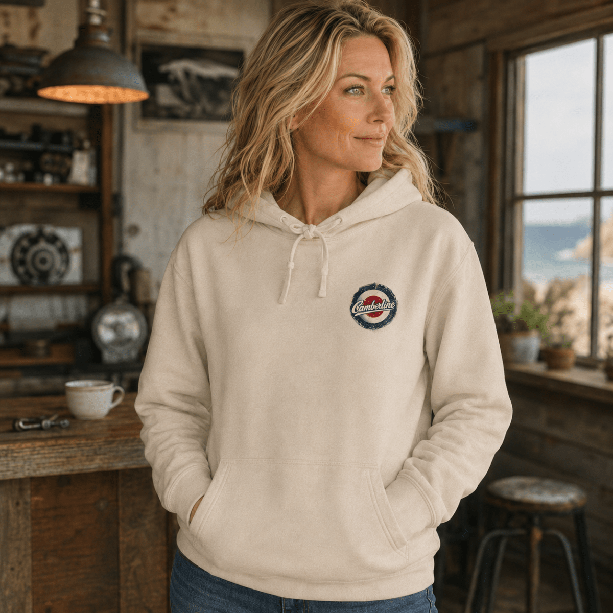 Front view of model wearing the cream Camberline hoodie with left-chest print