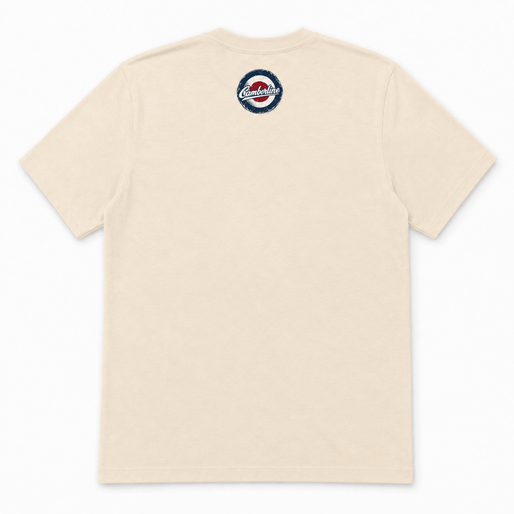 Back product view of the cream T-shirt with small Camberline nape print