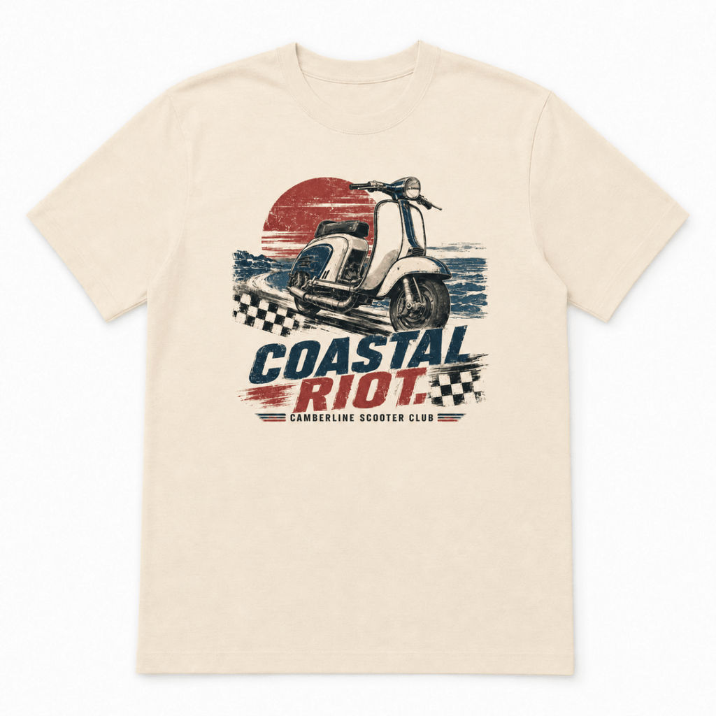 Front product view of the cream Coastal Riot scooter graphic T-shirt