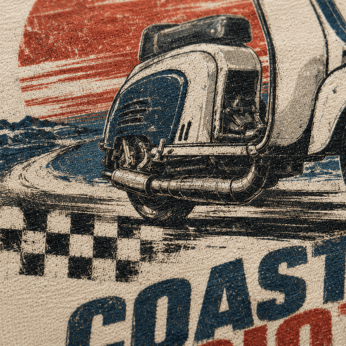 Close-up of the Coastal Riot vintage scooter premium halftone DTF print on cream fabric