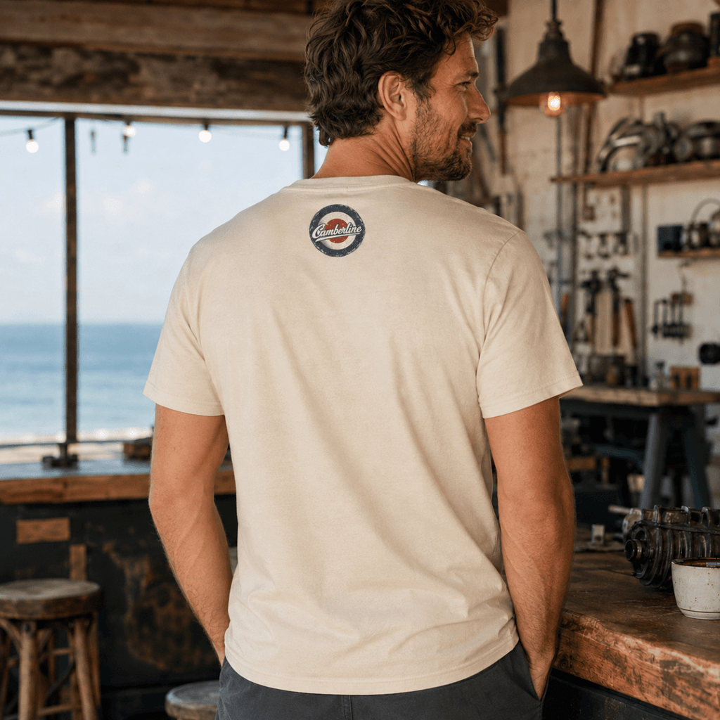 Back view of model wearing the cream Camberline T-shirt with nape print