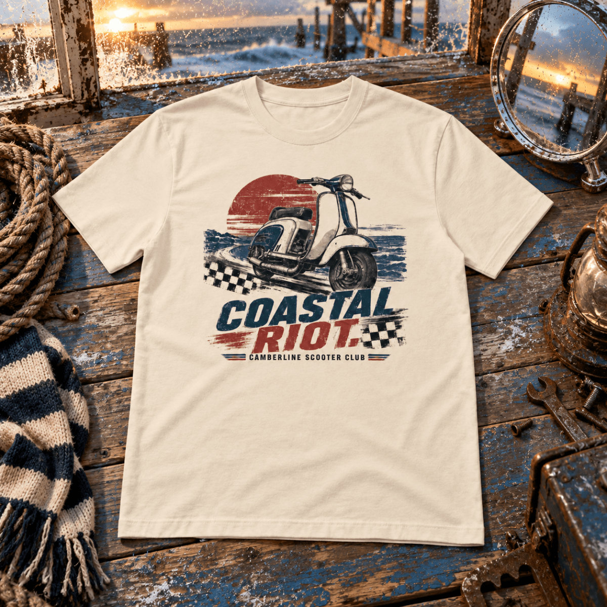 Coastal Riot vintage scooter natural T-shirt front hero in a stormy pier workshop