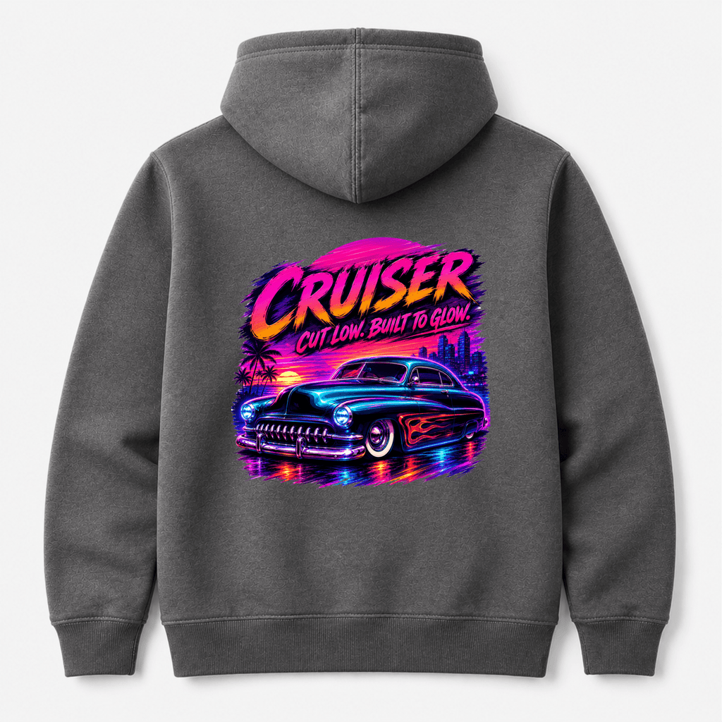 Camberline Cars Cut Low Built To Glow Hoodie in Shark Grey showing back graphic