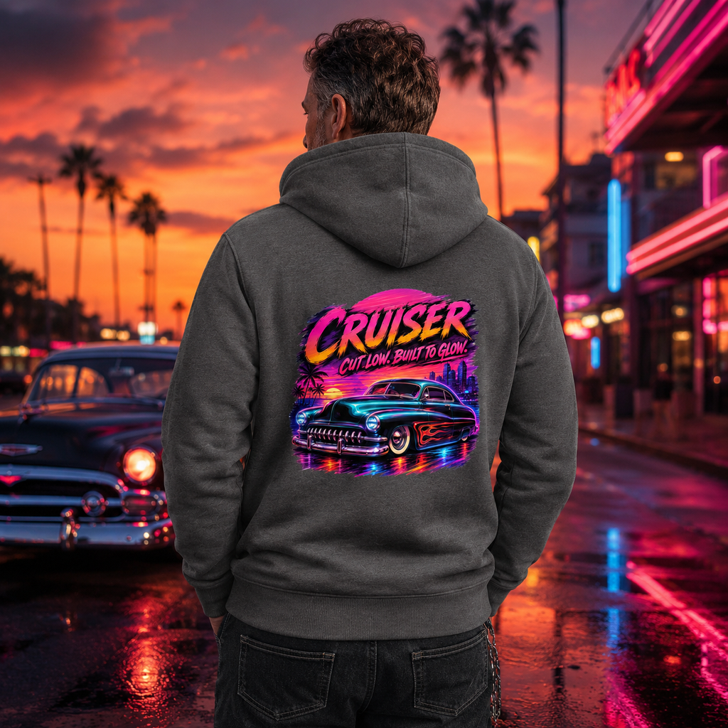 Model wearing Camberline Cars Cut Low Built To Glow Hoodie in Shark Grey