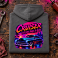 Lowrider Car Graphic Hoodie – Cut Low Built To Glow, folded back main hero on a worn automotive workbench – car-hd-0030