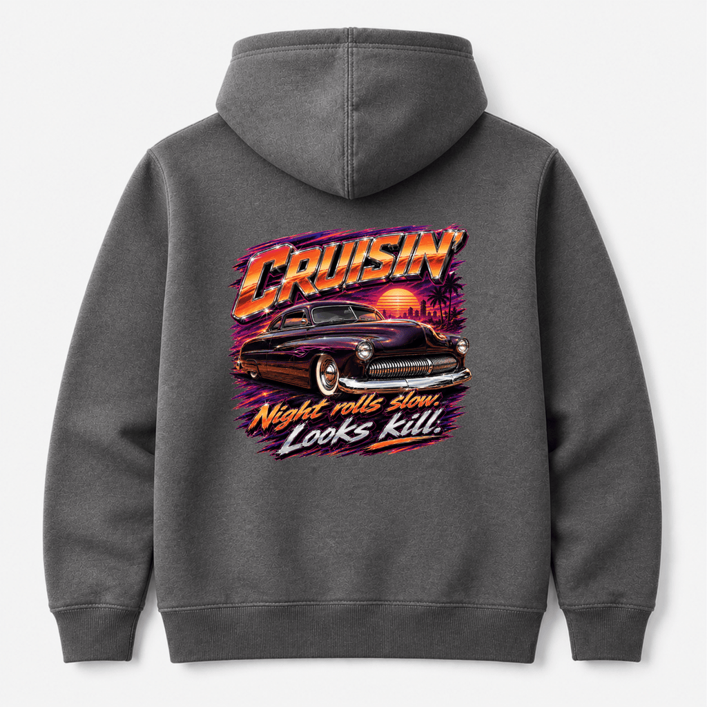 Camberline Cars Cruisin Night Rolls Slow Hoodie in Shark Grey showing back graphic