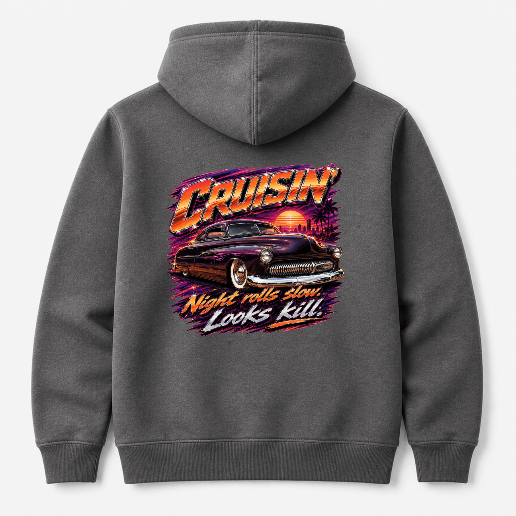 Camberline Cars Cruisin Night Rolls Slow Hoodie in Shark Grey showing back graphic