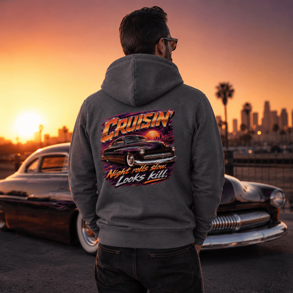 Model wearing Camberline Cars Cruisin Night Rolls Slow Hoodie in Shark Grey