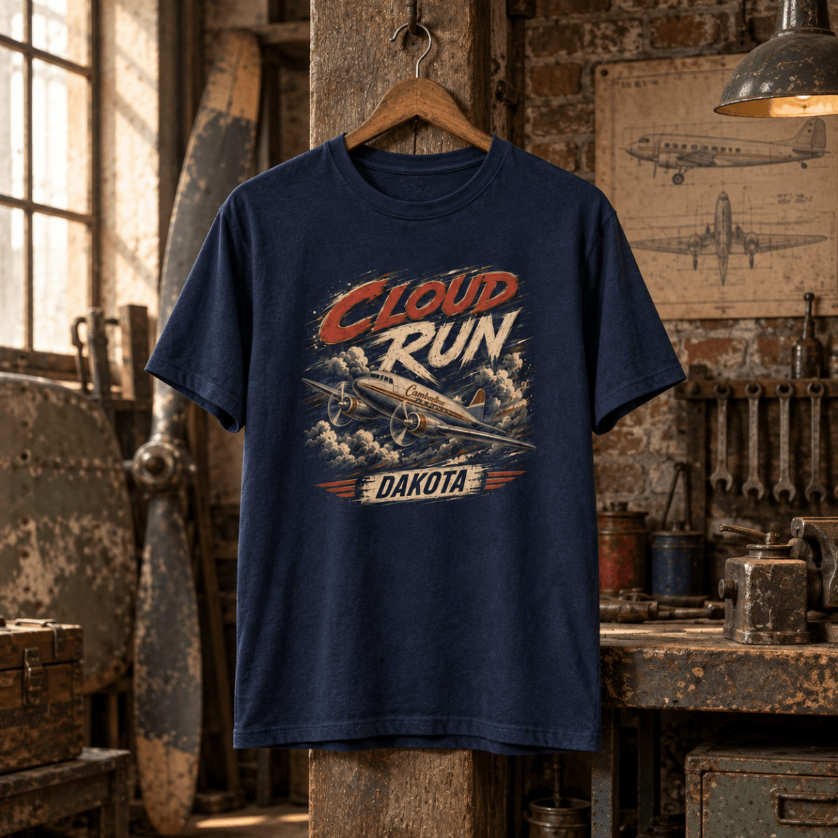 Navy Dakota DC-3 Cloud Run graphic T-shirt displayed in a rustic aviation workshop