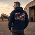 Model wearing Dakota DC-3 navy aviation hoodie with vintage back print