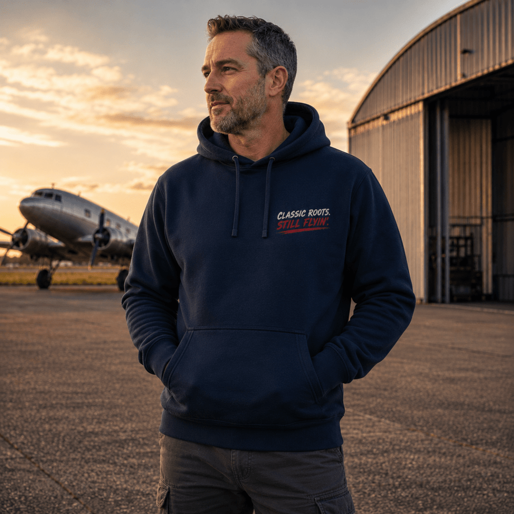 Model wearing Dakota DC-3 navy aviation hoodie, front view