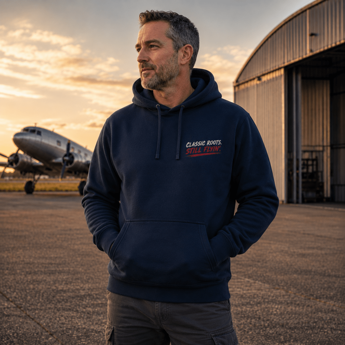 Model wearing Dakota DC-3 navy aviation hoodie, front view
