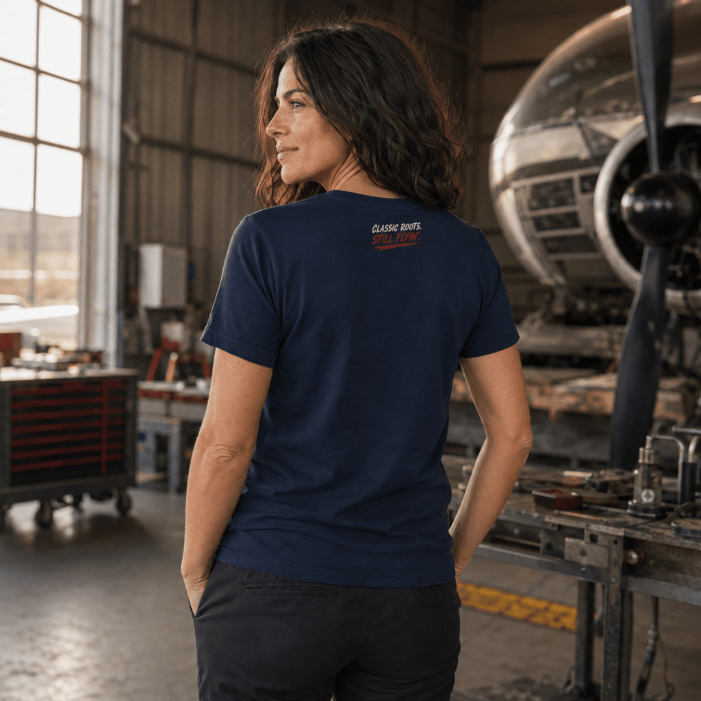 Model wearing Dakota DC-3 navy aviation T-shirt, back view