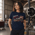 Model wearing Dakota DC-3 vintage aircraft navy T-shirt, front view