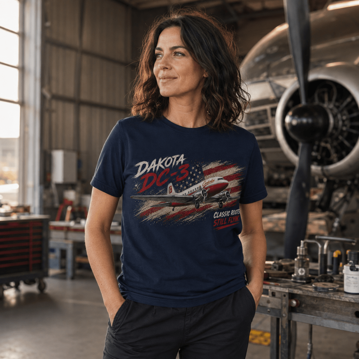 Model wearing Dakota DC-3 vintage aircraft navy T-shirt, front view