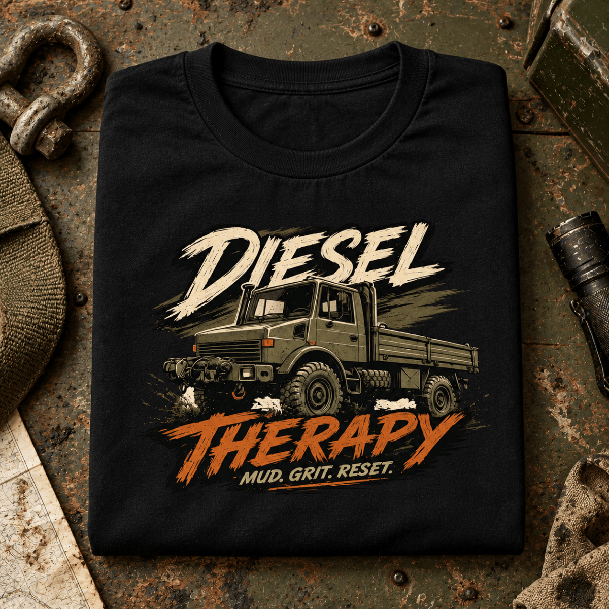 Black Diesel Therapy lorry T-shirt folded on a military recovery workshop bench