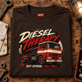 Brown Diesel Therapy retro-cab T-shirt folded on a vintage transport bench