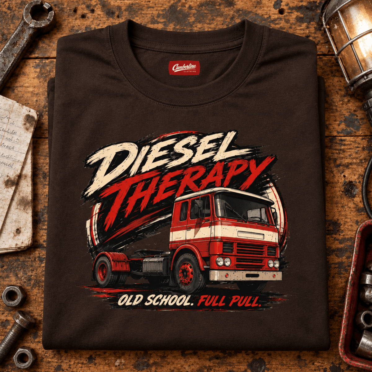 Brown Diesel Therapy retro-cab T-shirt folded on a vintage transport bench