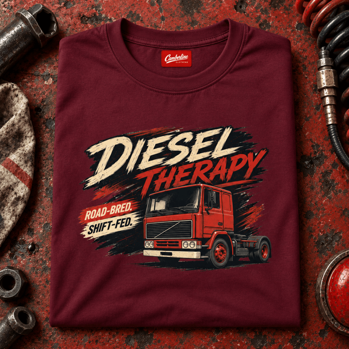 Burgundy Diesel Therapy lorry T-shirt folded on a red fleet service bench