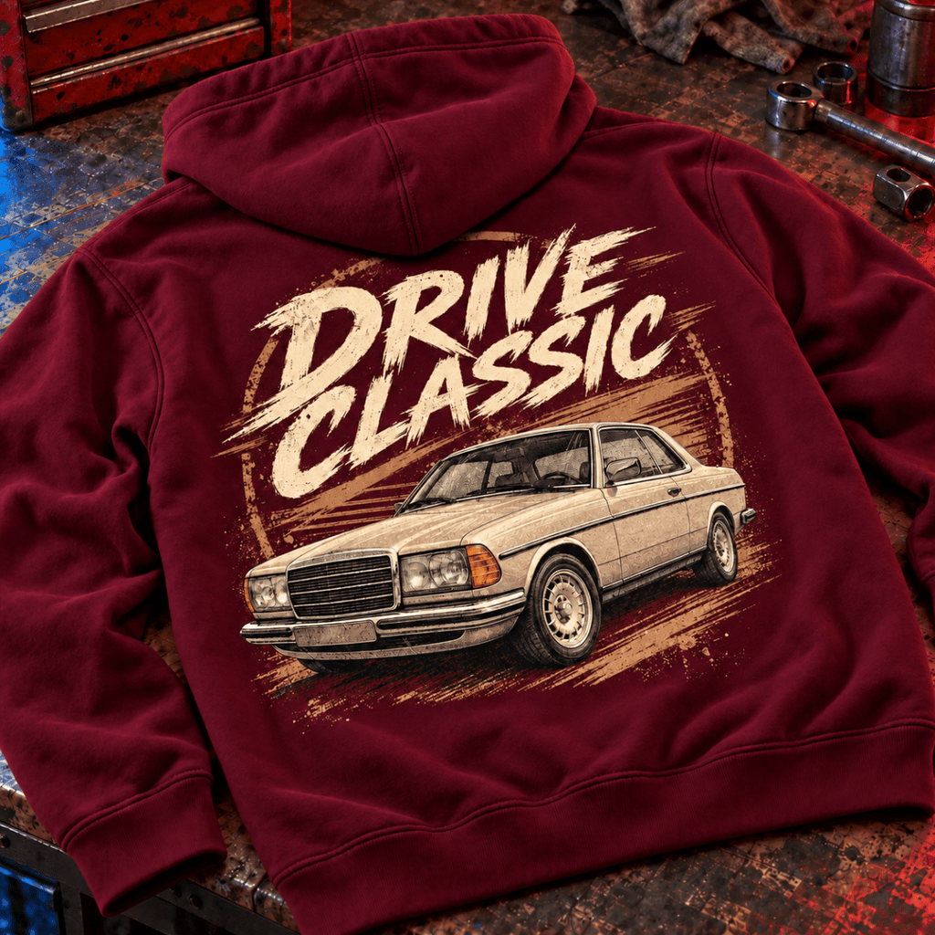 Drive Classic mercedes-benz w123 hoodie in burgundy, back workshop garment view – car-hd-0153