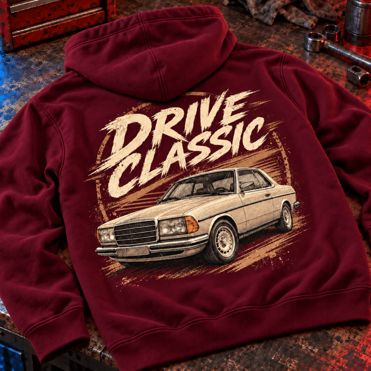 Drive Classic mercedes-benz w123 hoodie in burgundy, back workshop garment view – car-hd-0153