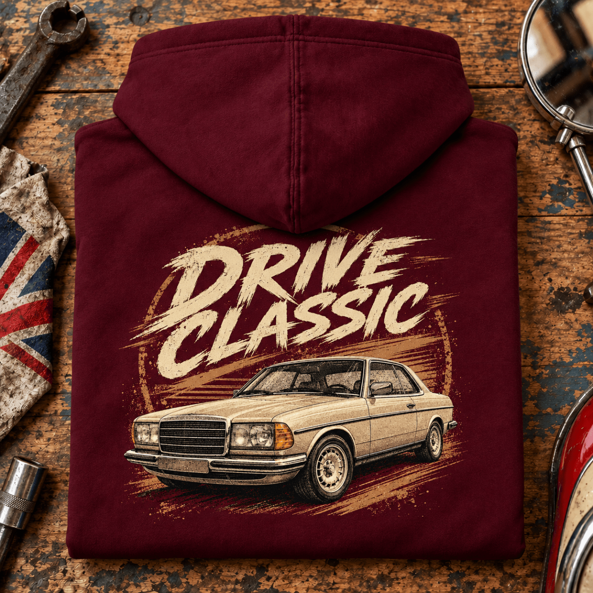 Drive Classic mercedes-benz w123 hoodie in burgundy, folded workshop hero – car-hd-0153