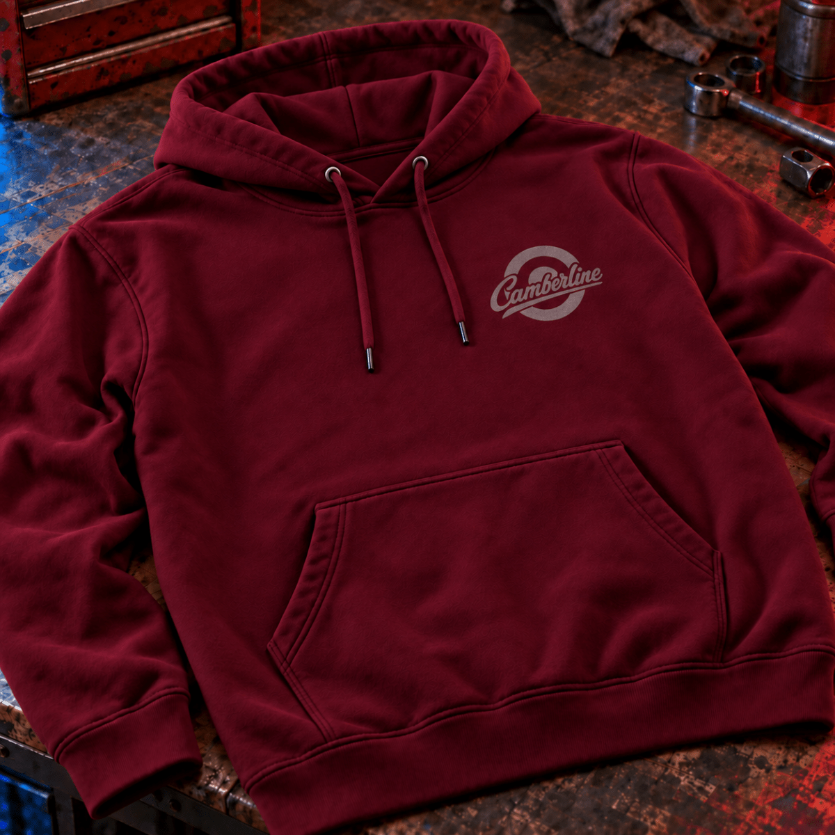 Drive Classic mercedes-benz w123 hoodie in burgundy, front workshop garment view – car-hd-0153