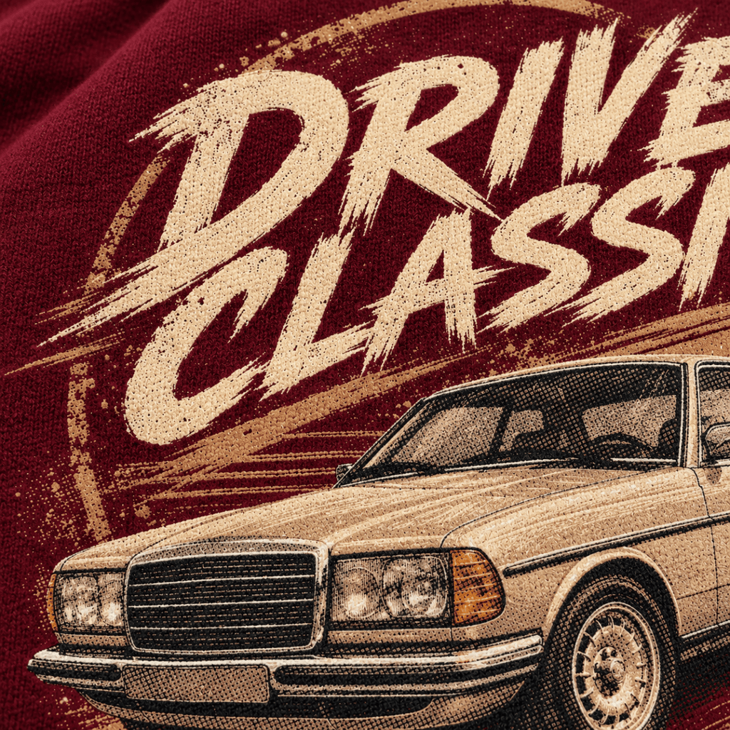 Drive Classic mercedes-benz w123 hoodie in burgundy, print close-up – car-hd-0153