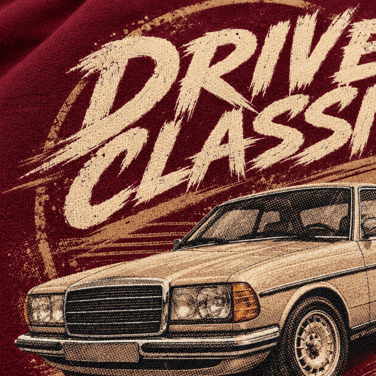 Drive Classic mercedes-benz w123 hoodie in burgundy, print close-up – car-hd-0153