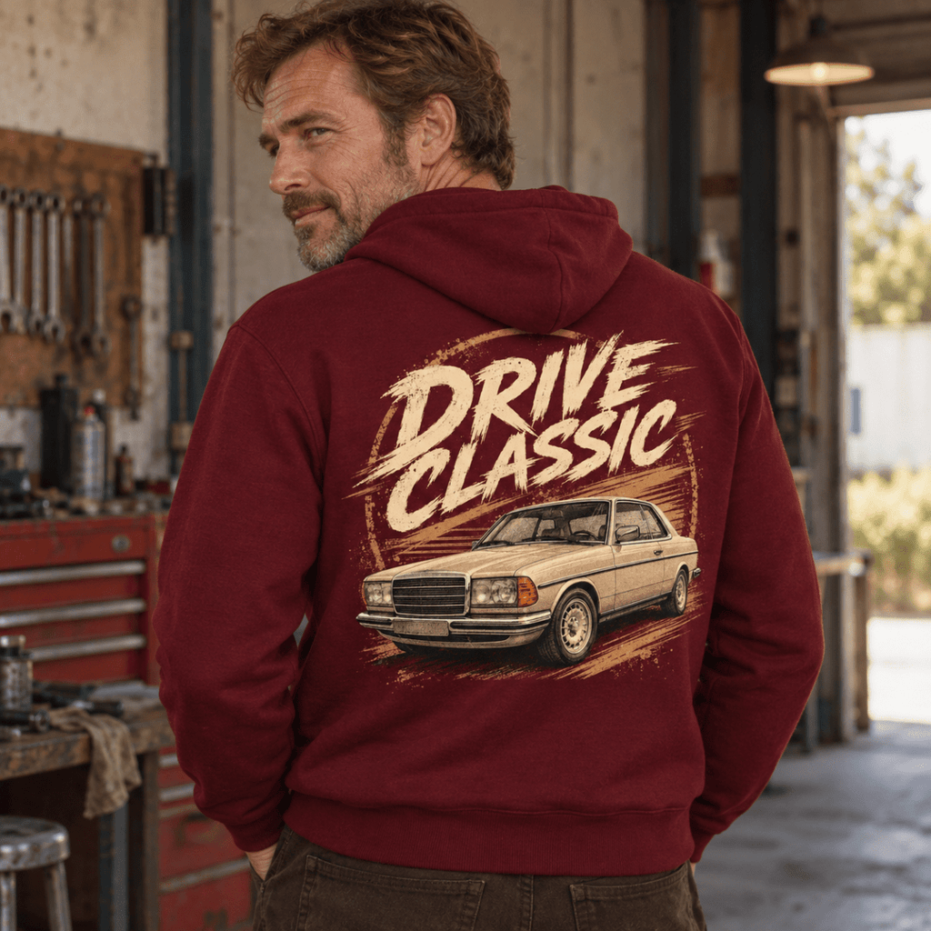 Drive Classic mercedes-benz w123 hoodie in burgundy, model back – car-hd-0153